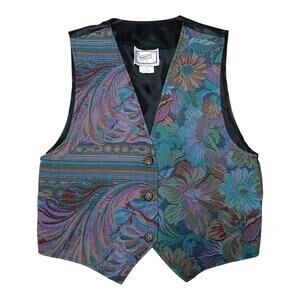 Vtg L Tapestry Vest Floral Eclectic Boho Artsy‎ Button Up Fantaseas Cottagecore